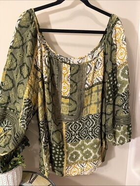 Beautiful Cato Patchwork Peasant Top in Olive, Mustard & Cream 22/24W